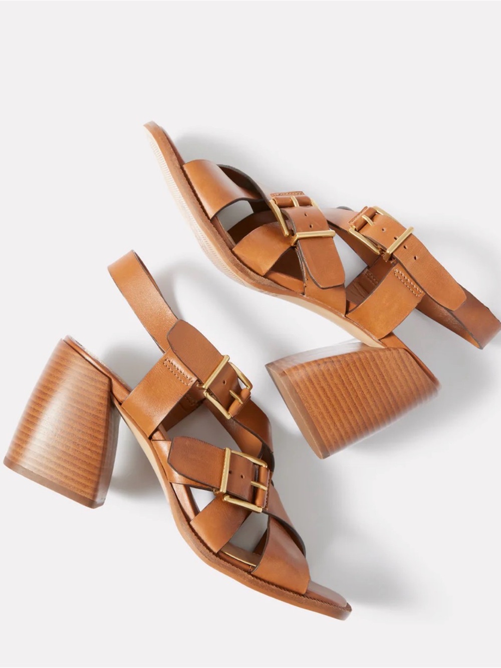 Vince Camuto Cognac Leather Block Heel Sandals with Gold Buckles